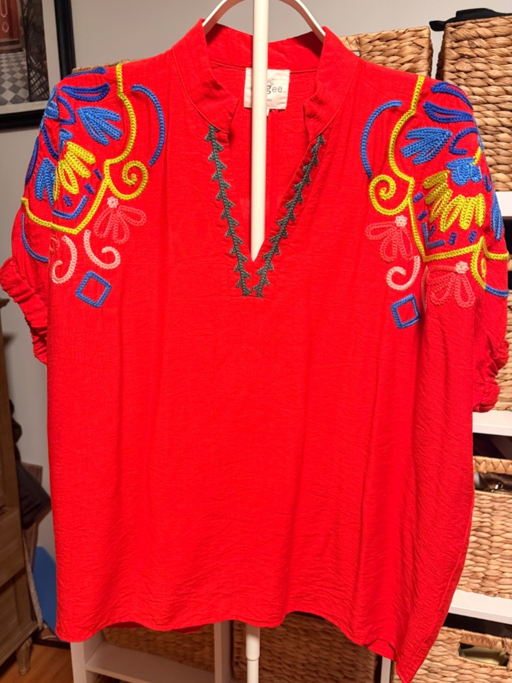 Umgee Red Blouse with Embroidered Floral Neck line and Sleeve